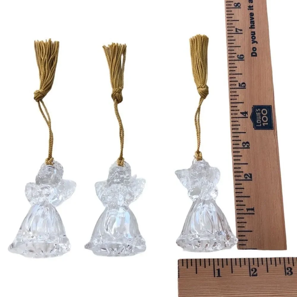 SET 3 VINTAGE GORHAM LEAD CRYSTAL ANGEL ORNAMENTS WITH GOLD TASSELS